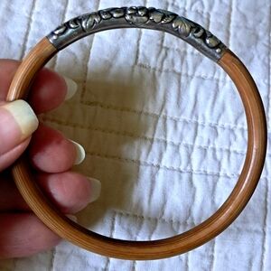 Antique Chinese Sterling Silver Repousse Thin Floral Bamboo Rattan Bracelet